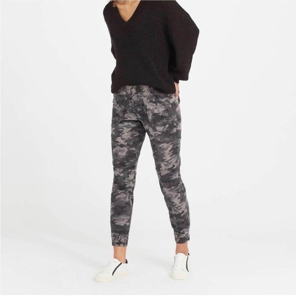 Spanx Camo Jogger Pants Womens Large Gray Black Stretch Pull On Casual Athleisur